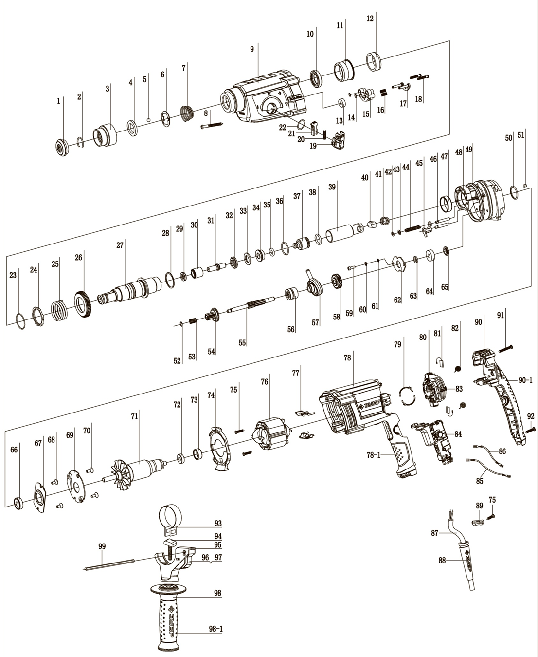 ЗУБР 24 мм, 750 Вт, перфоратор SDS Plus, Профессионал (ЗП-24-750 К) - разборная схема